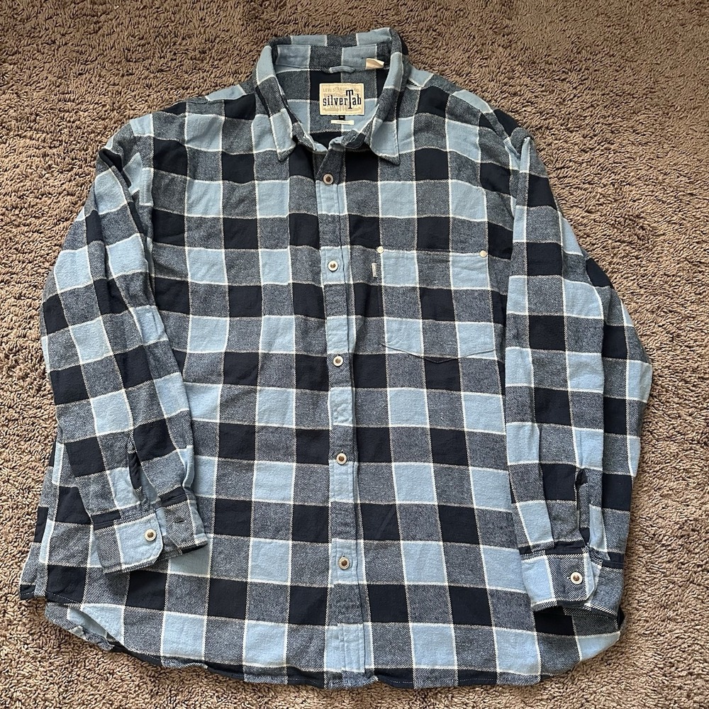 Levi's Men's SilverTab Oversized Check Flannel Metal Button Up Shirt Sz XL Blue